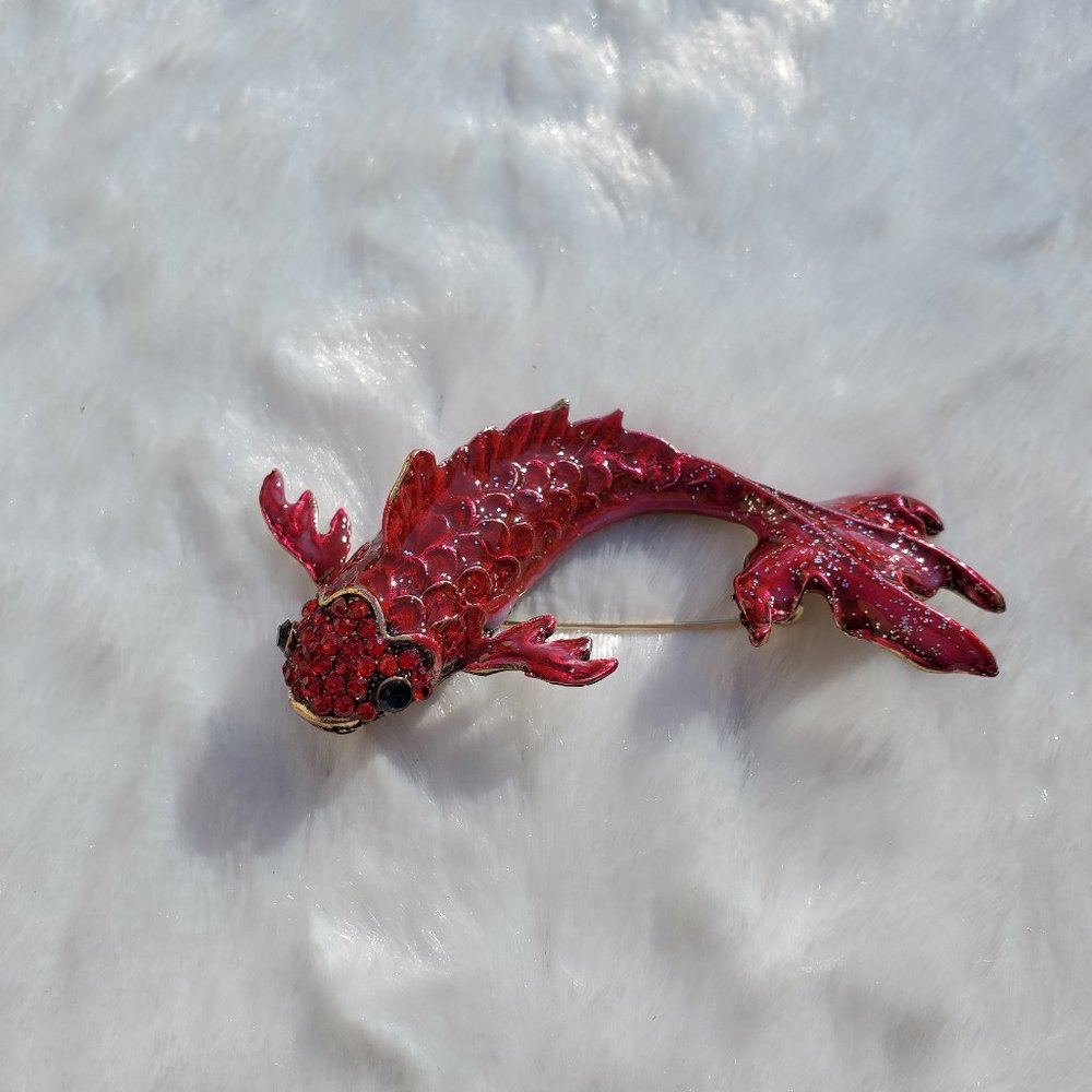 Red Enameled Fish Brooch
